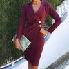 Damen Revers Bodycon Knopf Langarm Slim Fit Business Anzug Midi Kleid