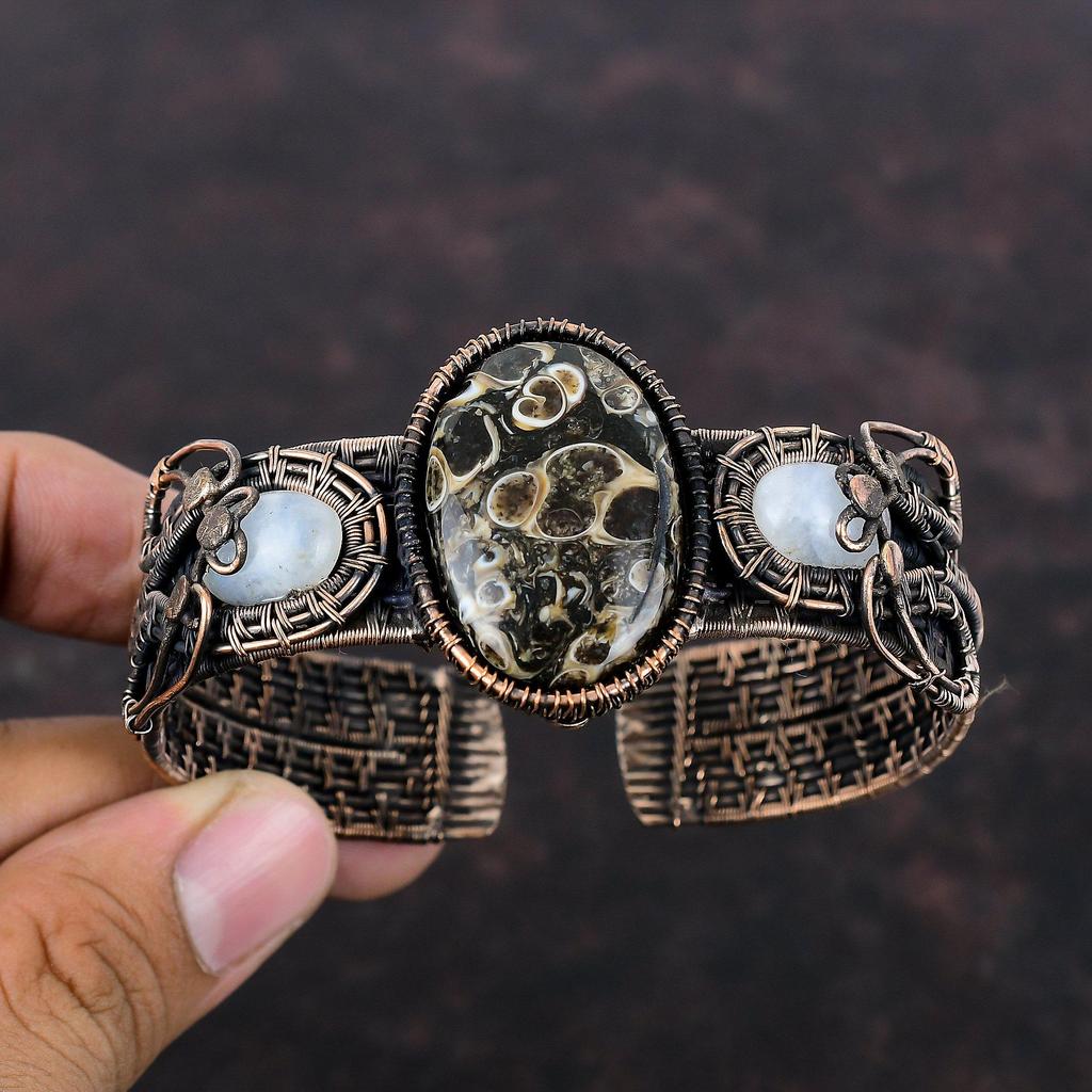 Turritella Agate Cuff Bracelet Copper Wire Wrapped Bangle Rainbow Moonstone Gemstone Cuff Handmade Adjustable Bangle Copper Jewelry For Gift