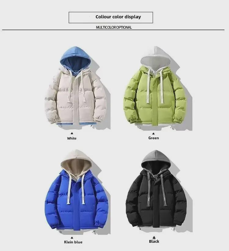 Jachetă Unisex de Iarnă cu Glugă, Largă, Groasă din Bumbac - Design Fals din Două Piese, Palton Cald Tip Pâine