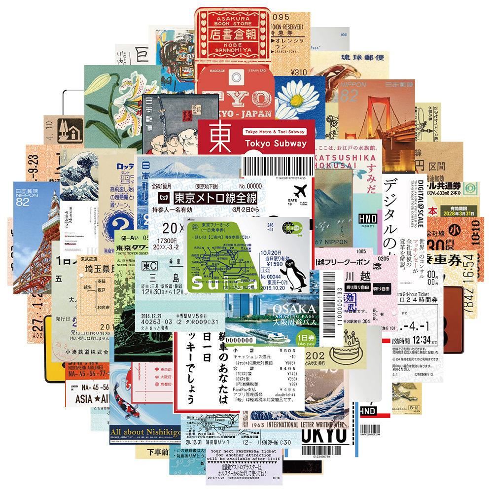 

60Pcs INS Style Stamp Sticker Japanese Postcard Ticket Stationery Travel Diary Luggage Waterproof Helmet Stickers