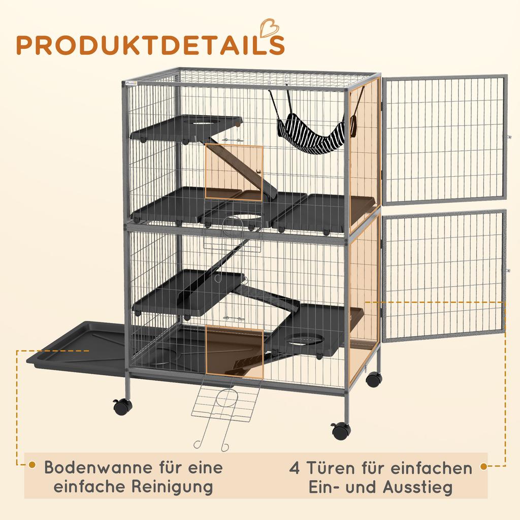Small Animal Cage for Chinchilla Ferret Kitten On Wheels with Hammock Removable Tray, Grey