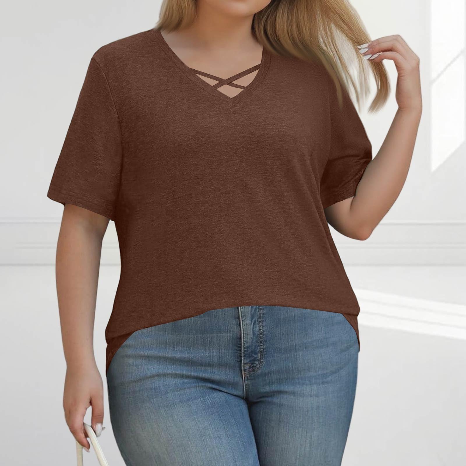

Женская модная повседневная однотонная футболка с V-образным вырезом и коротким рукавом большого размера XXL кофейный