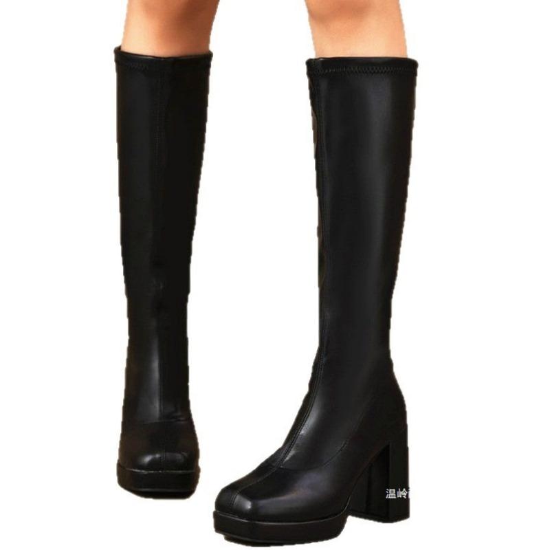 Large-sized Shoes, Round-toed High Boots, Women's Shoes, Chunky Heels for Slimming, Chunky Heels, Knight Boots