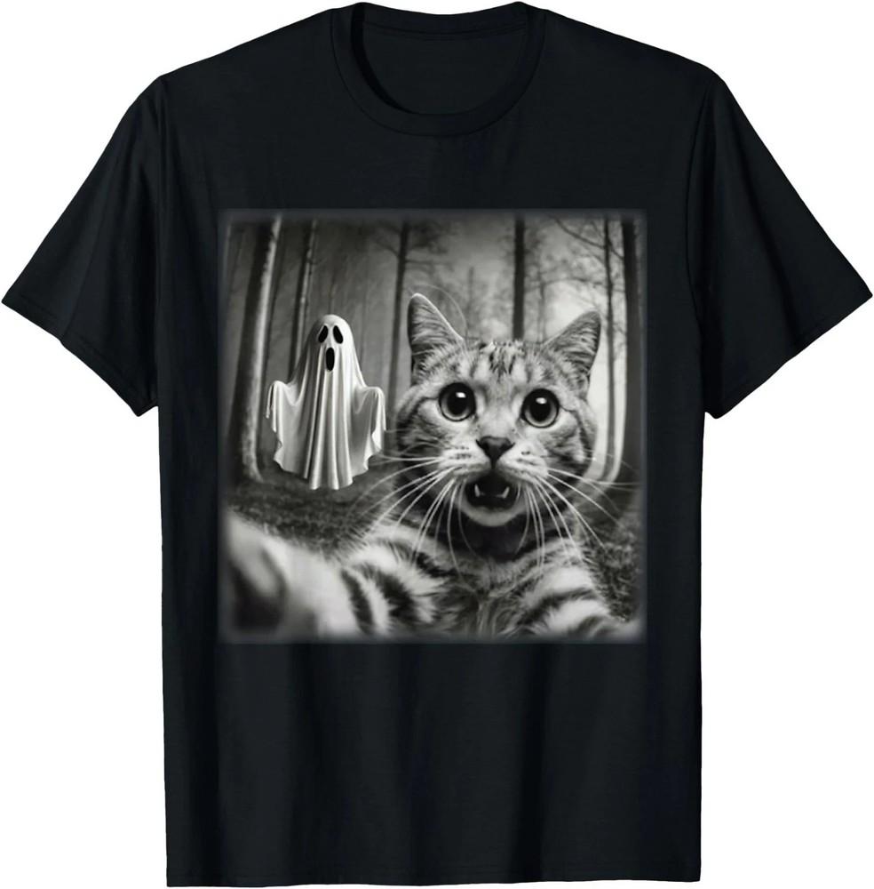 Funny Halloween Cat Selfie with Spooky Ghost Cat Lover T-Shirt, Unisex Tee HS203 Unisex T-Shirt S