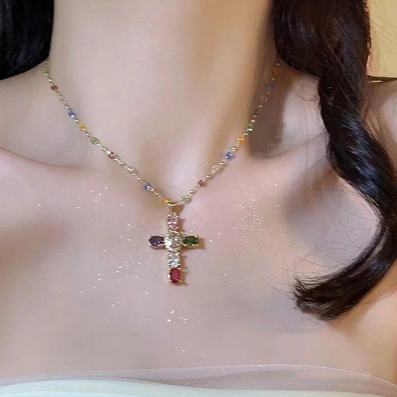 Fashion Colorful Zircon Cross Pendant Necklace For Women Stainless Steel  Color Charm Religious Necklaces Jewelry Gifts