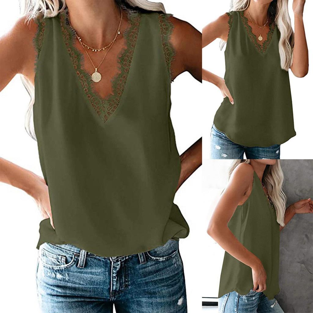 Ärmelloses Damen-Tanktop mit Spitzensaum und V-Ausschnitt, leicht, einfarbig, lässige Sommerbluse für den täglichen Gebrauch