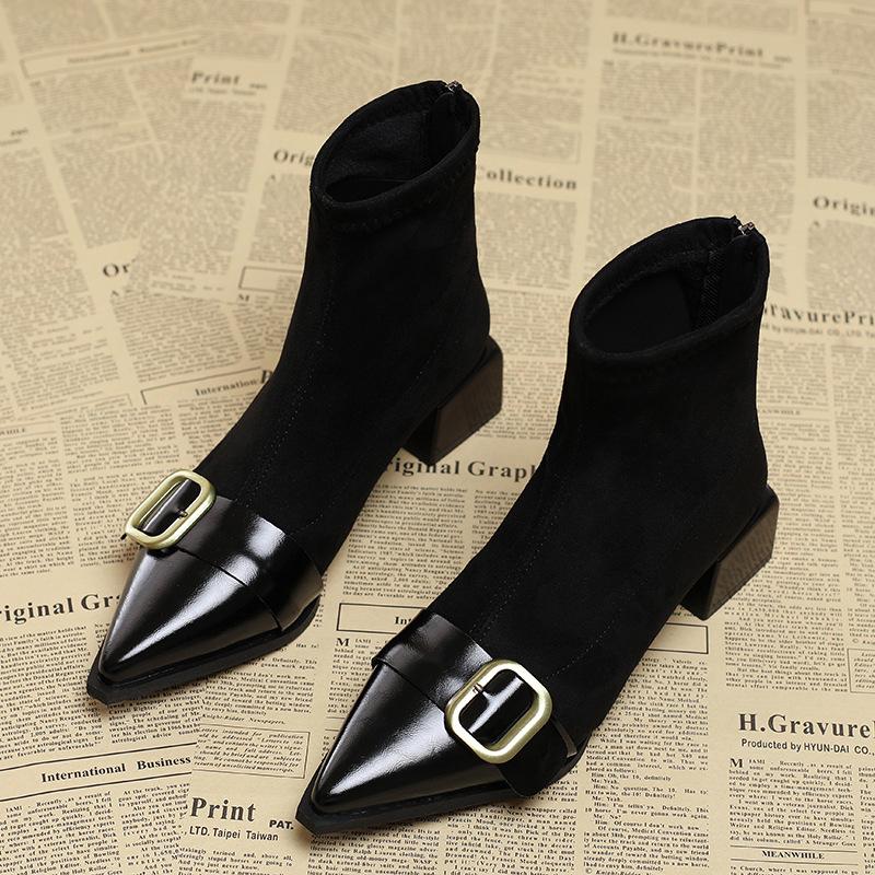 

Красивая металлическая пряжка острый толстый каблук темперамент благородный изысканные короткие сапоги 2025 зима новая задняя молния модные сапоги 40 коричневый