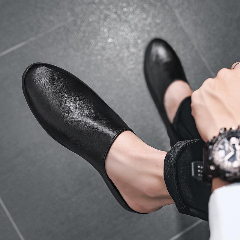 2026 Summer Leather Mens Mules Half Shoes for Men Slip-on Loafers Slippers Semi-Drag Backless Driving Shoes Flat Casual Shoes
