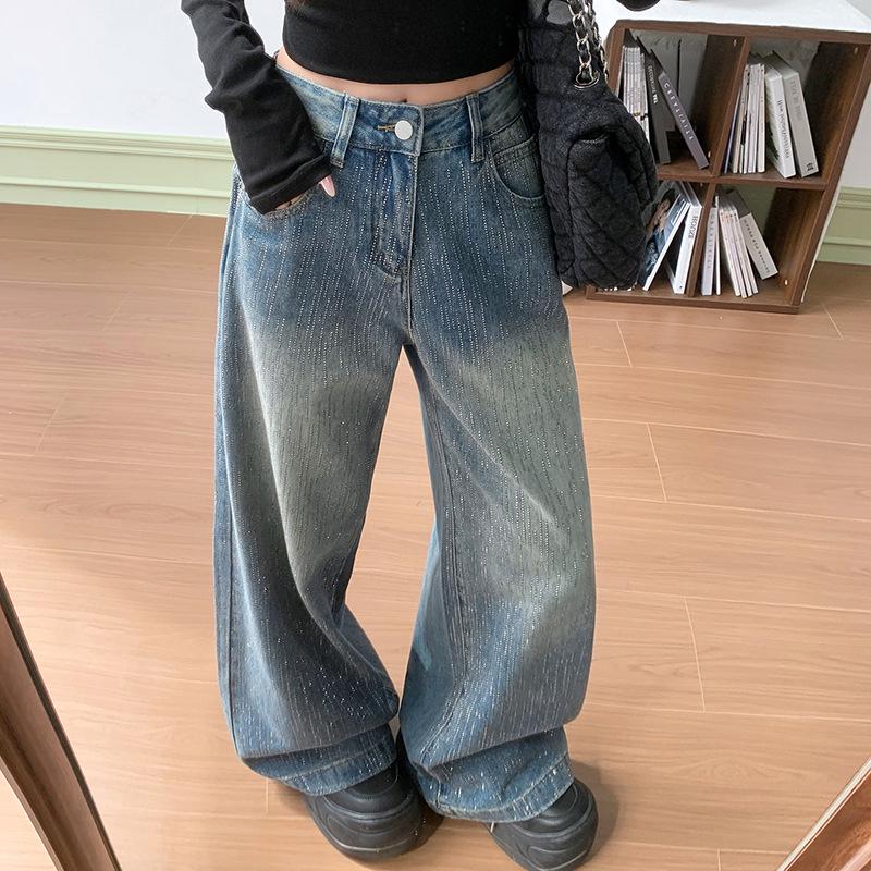 Starry Sky Rhinestone Wide-Leg Plush Jeans for Women - Winter 2025, High Waisted, Floor Length Large