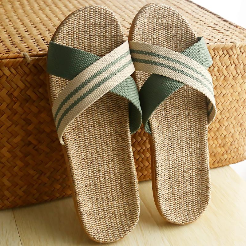Crossed linen slippers women's summer home couple thick bottom non-slip indoor soft bottom home cool slippers men's summer