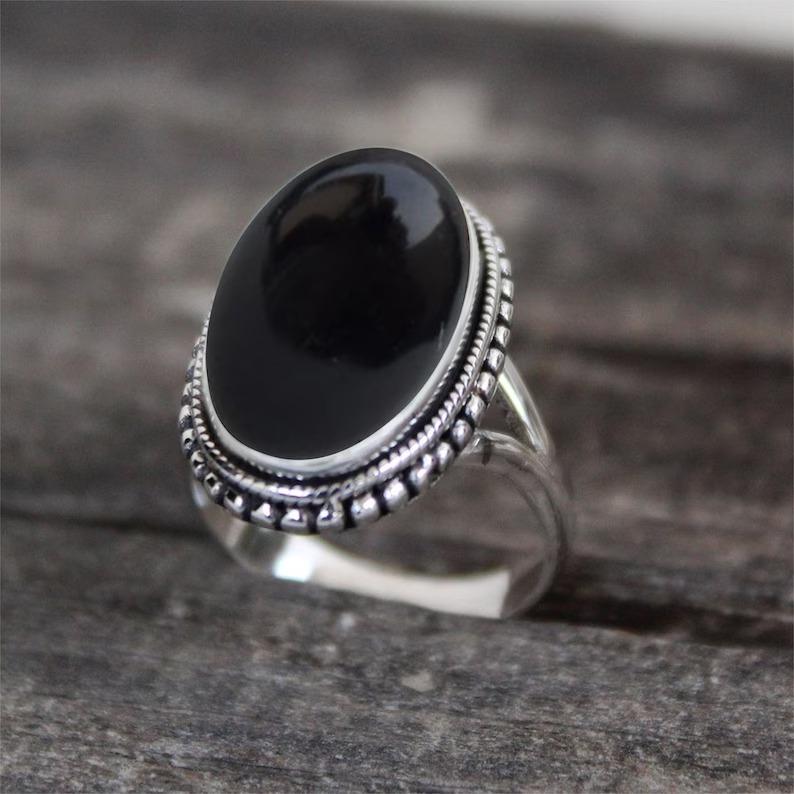 

Кольцо с овальным драгоценным камнем из черного оникса, твердое кольцо из стерлингового серебра 925 пробы, ювелирные изделия ручной работы, кольцо на День Благодарения, женские украшения 7