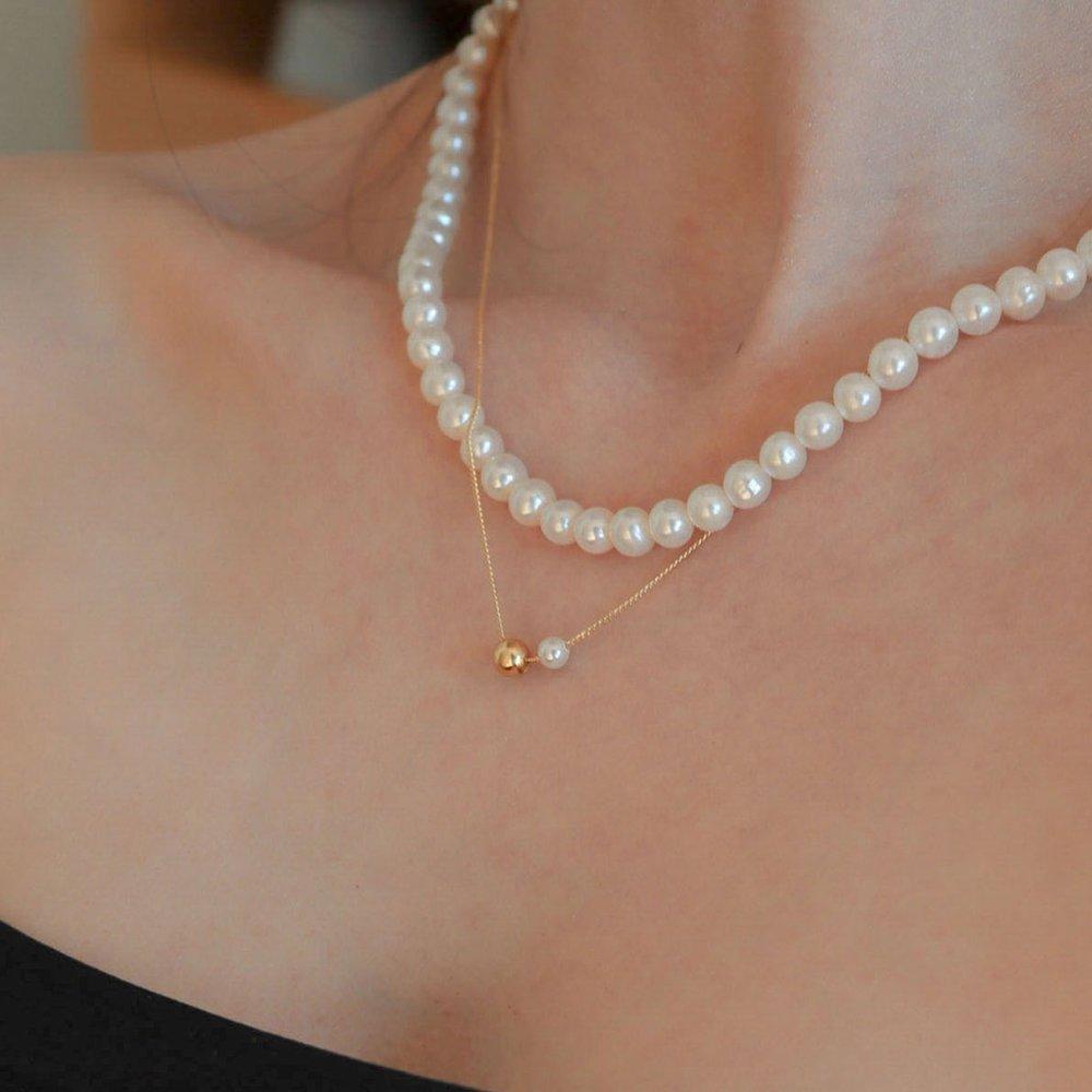 [Modernlike] 14K Gf Silver Ball Mini Pearl Necklace Codi Layered Pendant