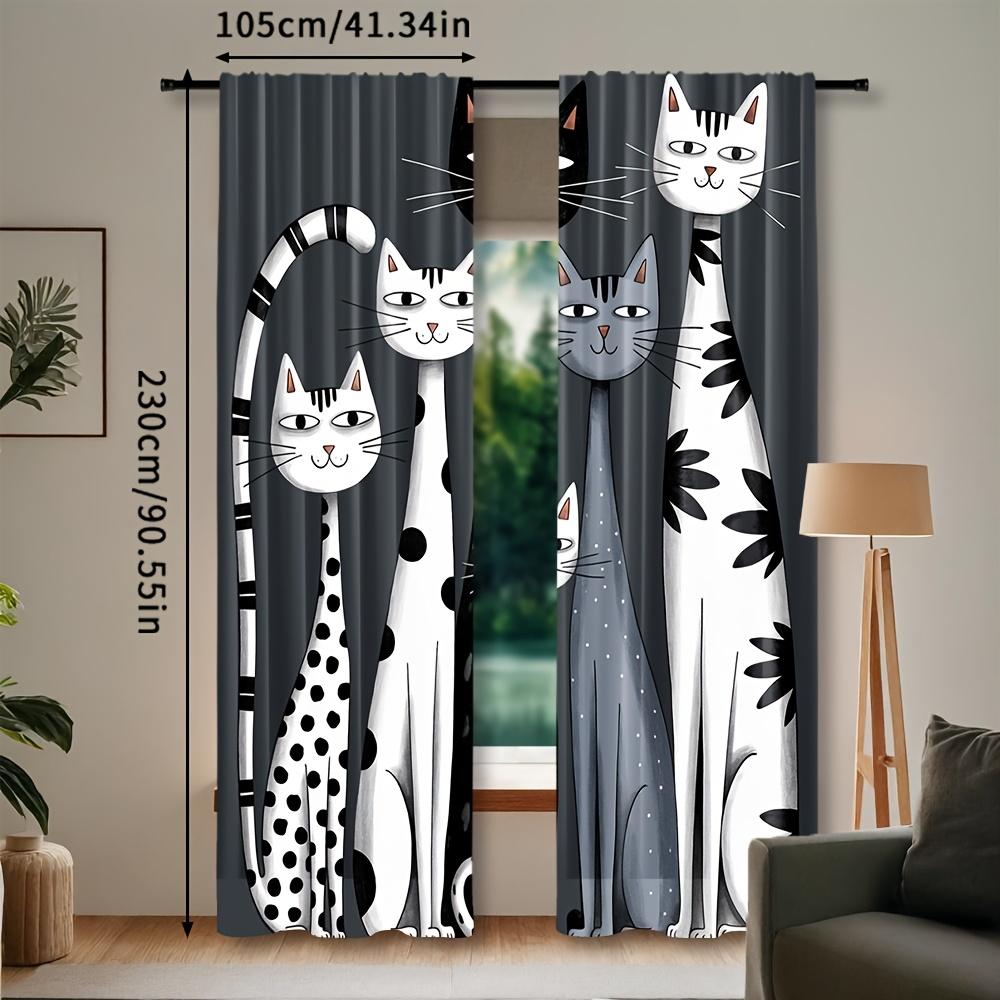 2Pc Cat Print Curtains - Lightweight  Rod Pocket Drapes With Plaid Background, Playful Black Cat Design For Modern Home Decor