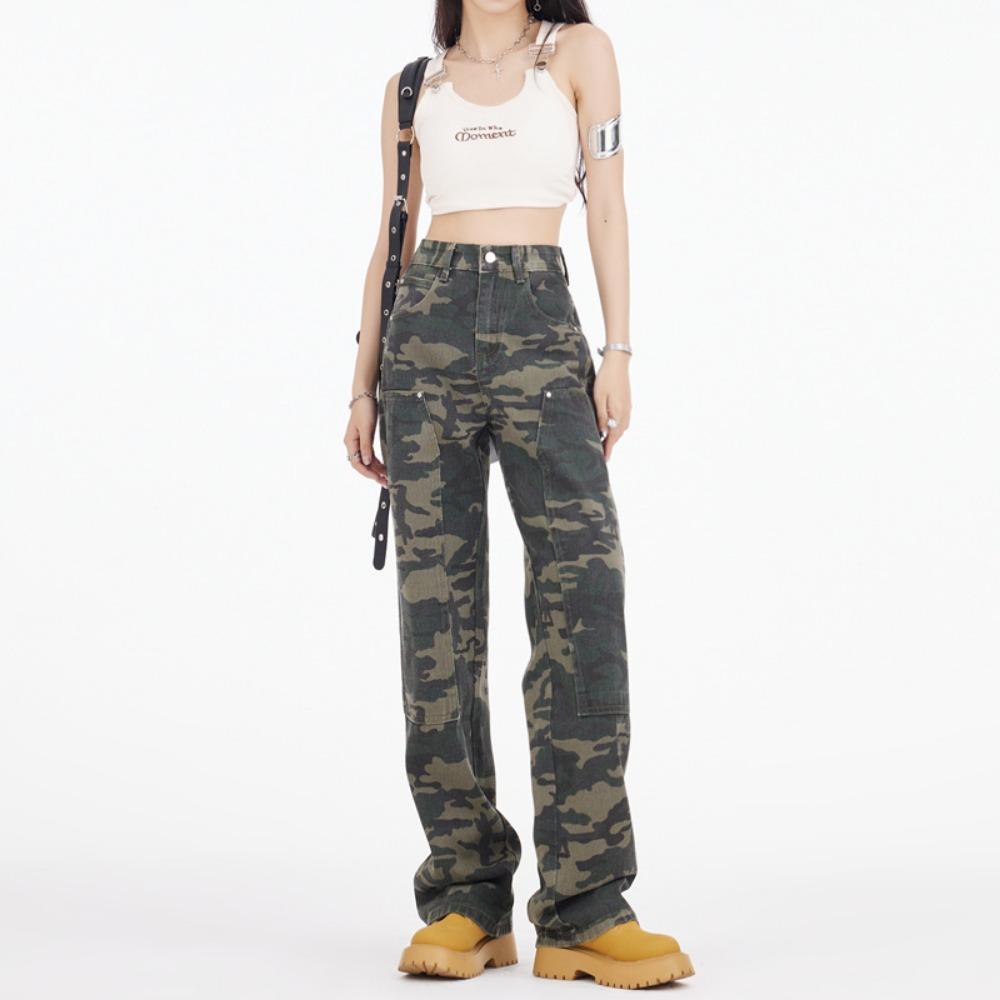 

Army green camouflage tooling jeans high street design hip hop sweet and spicy retro wide-leg casual straight pants S