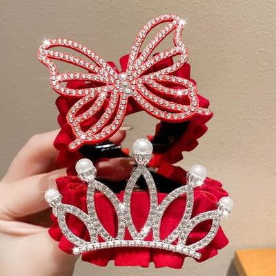 High Ponytail Fixed Artifact Children's New Year Crown Rhinestone Crystal Chinese Hair Claw Cloth Hair Accessories