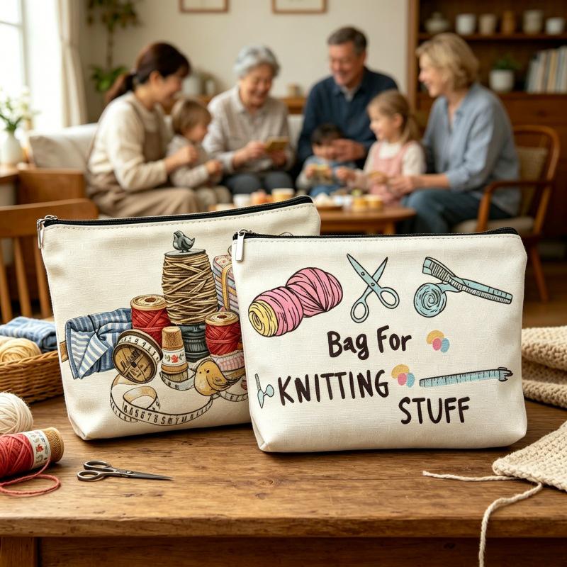 Retro Sewing Machine & Yarn Print Linen Cosmetic Bag with Zipper
