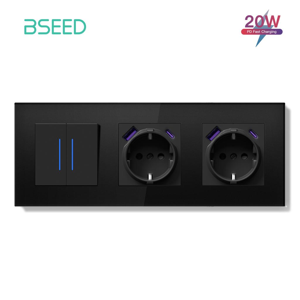 BSEED 1/2Gang Wall Light Switch Mechanical Double Button Switch 1Way With LED EU Sockets USB 20W Type-c Power Ports Glass Panels