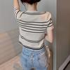 Gestreifter Strick Sommer Locker Retro Achselstreifen Rundhals Vielseitig Kurzärmelig Damen Oberteil Tide Lässig Essentiell Komfort Stil Slim Fit Pullover T-Shirts
