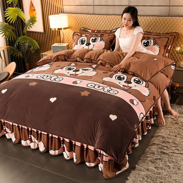 Maternal And Infant Grade Thickened Milk Fleece Four-Piece Set, Double-Sided Coral Fleece Fleece Quilt Cover, Flannel Bed Sheet