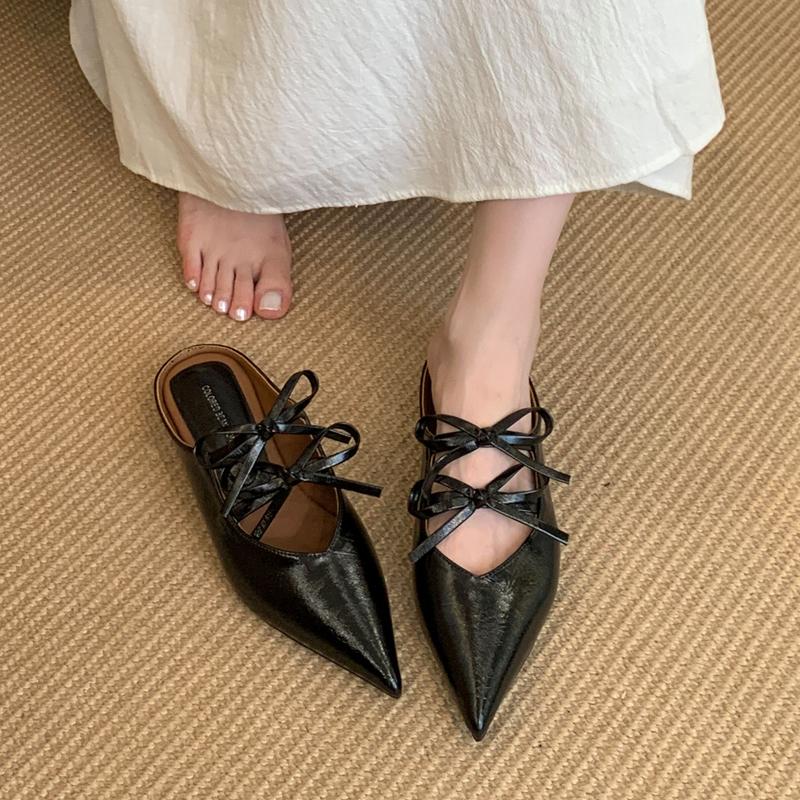 Fashion SUOJIALUN 2025 Autumn New Women Slipper Fashion Pointed Toe Bow-knot Slip On Mules Shoes Square Low Heel Outdoor Dress Sandal