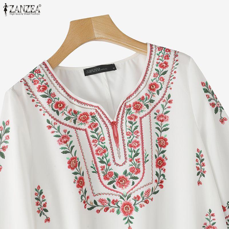 ZANZEA Women Casual Round Neck Ethnic Print Loose Half Sleeve Blouse