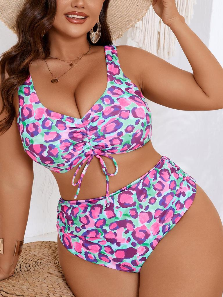 2026 European & American Plus Size Leopard Print Sexy Split Bikini Swimwear for Women