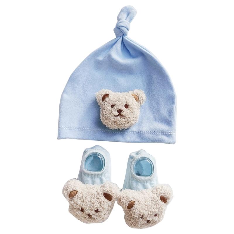 Winddichte Mütze und Bodensocken-Set für Säuglinge Niedliche Bär-Baby-Beanie-Mütze, Neugeborenen-Knotenmützen, Cartoon-Kleinkindermütze