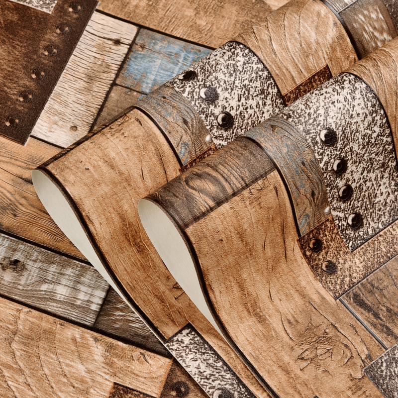 Industrial Retro Wood Grain Wallpaper for Restaurant Home Rivet Decor Papel De Parede Cafe Bar Wallcovering