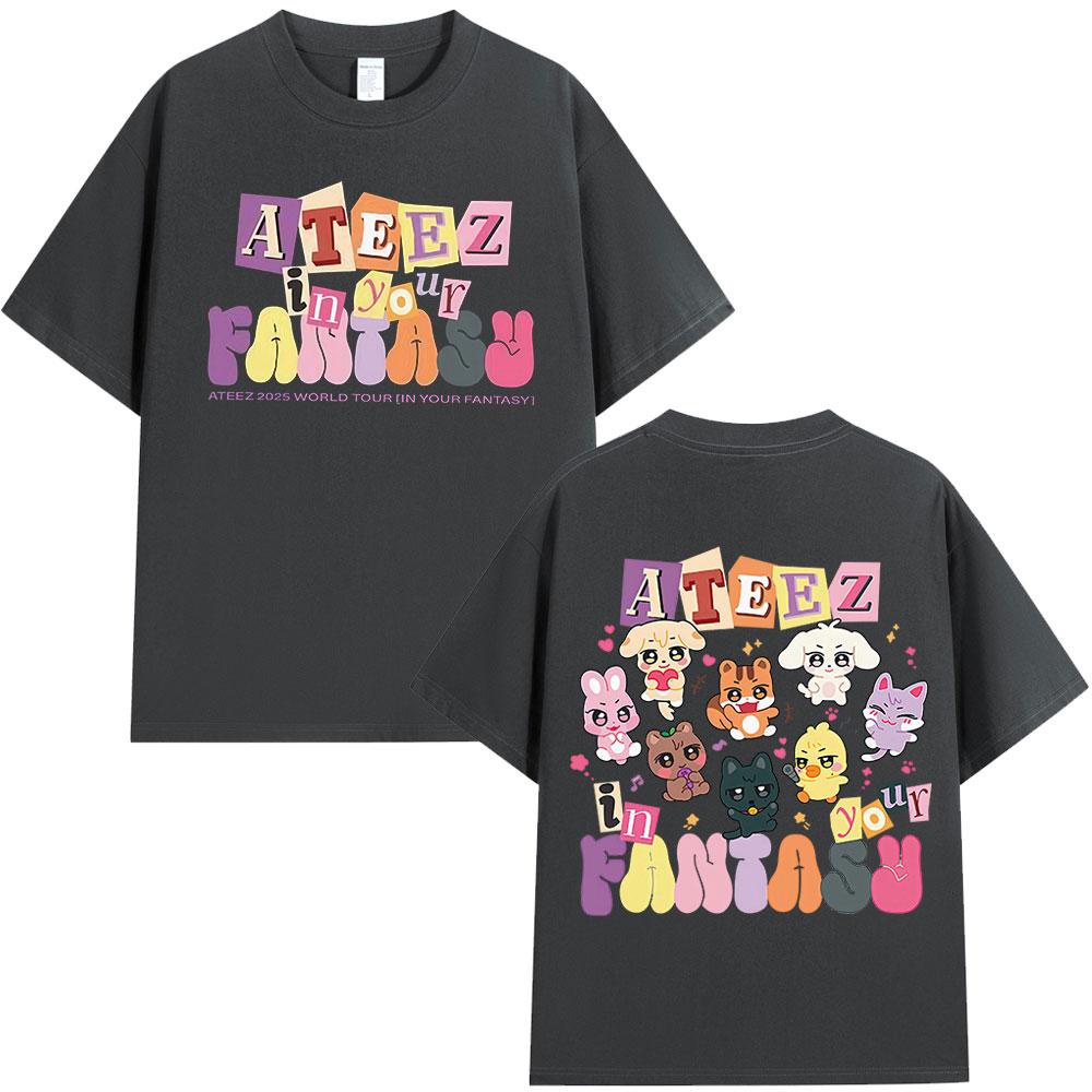 Cute Ateez 2025 World Tour in Your Fantasy T Shirt Fan Gifts Korean Kpop Fashion T-shirt Men Women Cotton Short Sleeve T-shirts