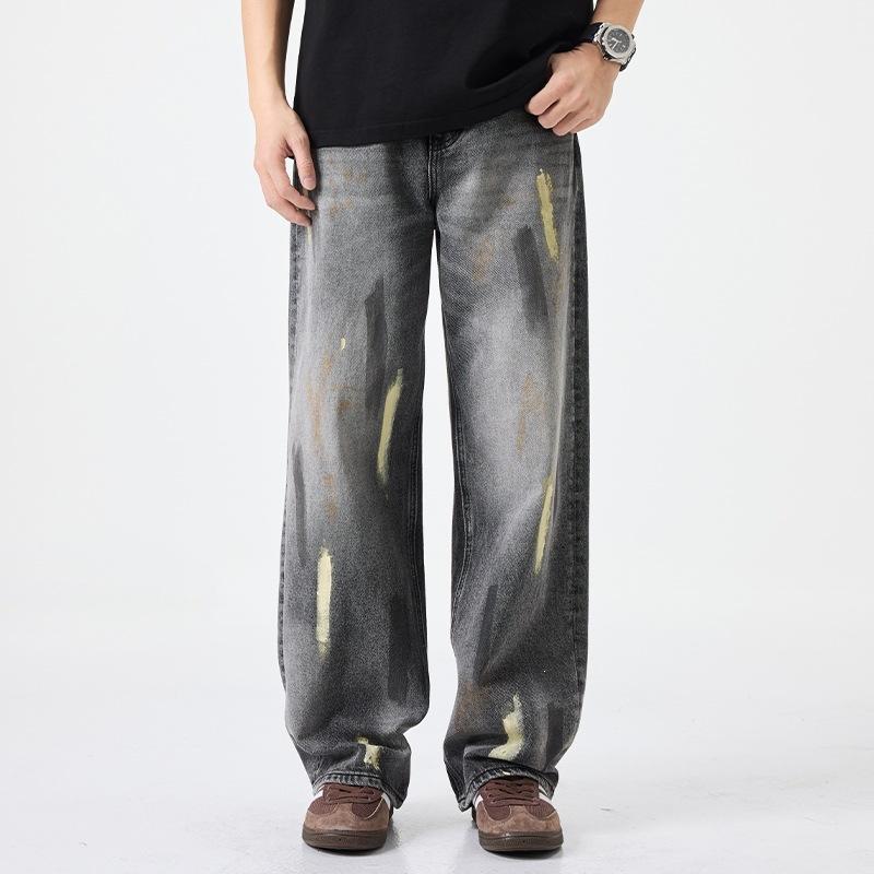 New dark wind hand-painted graffiti wide-leg jeans, men's spring and autumn versatile high street casual trousers
