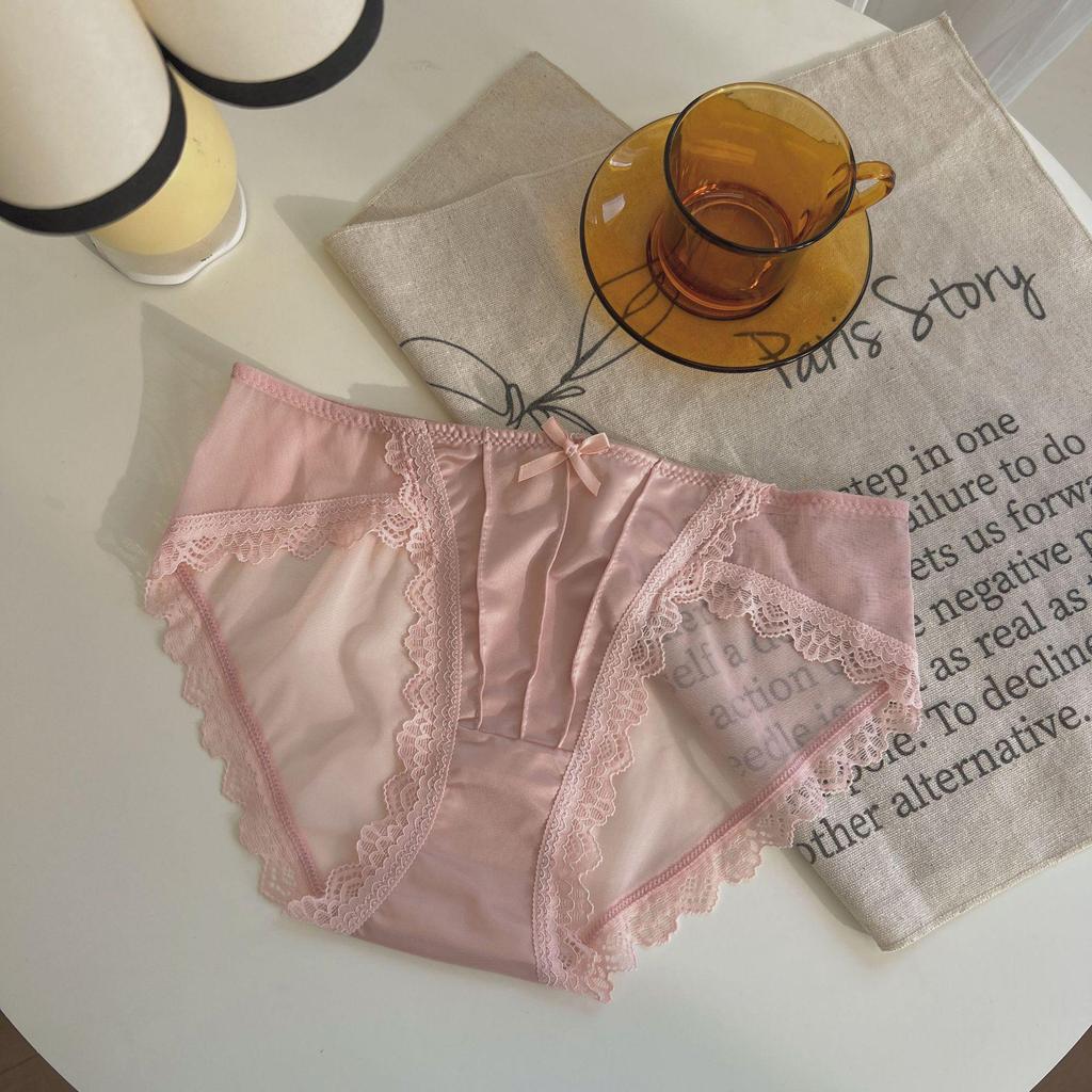 Women's French Retro White Satin Lace Thongs - Mid-Low Waist, Sexy Mesh Design