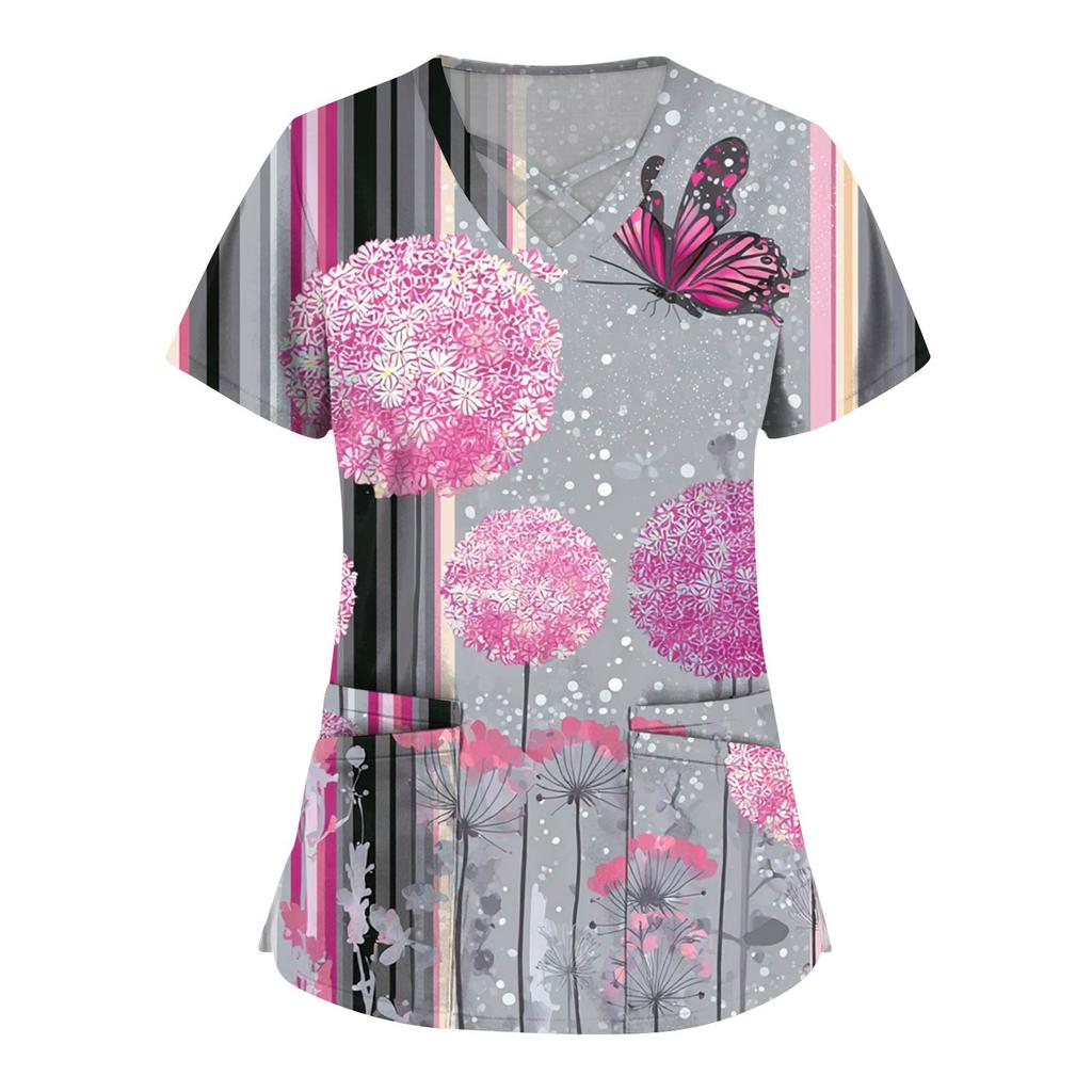 Dámská móda V-výstřih Krátký rukáv Kombinézy Kapsa s dvojitou vrstvou Tištěná trička Oblečení