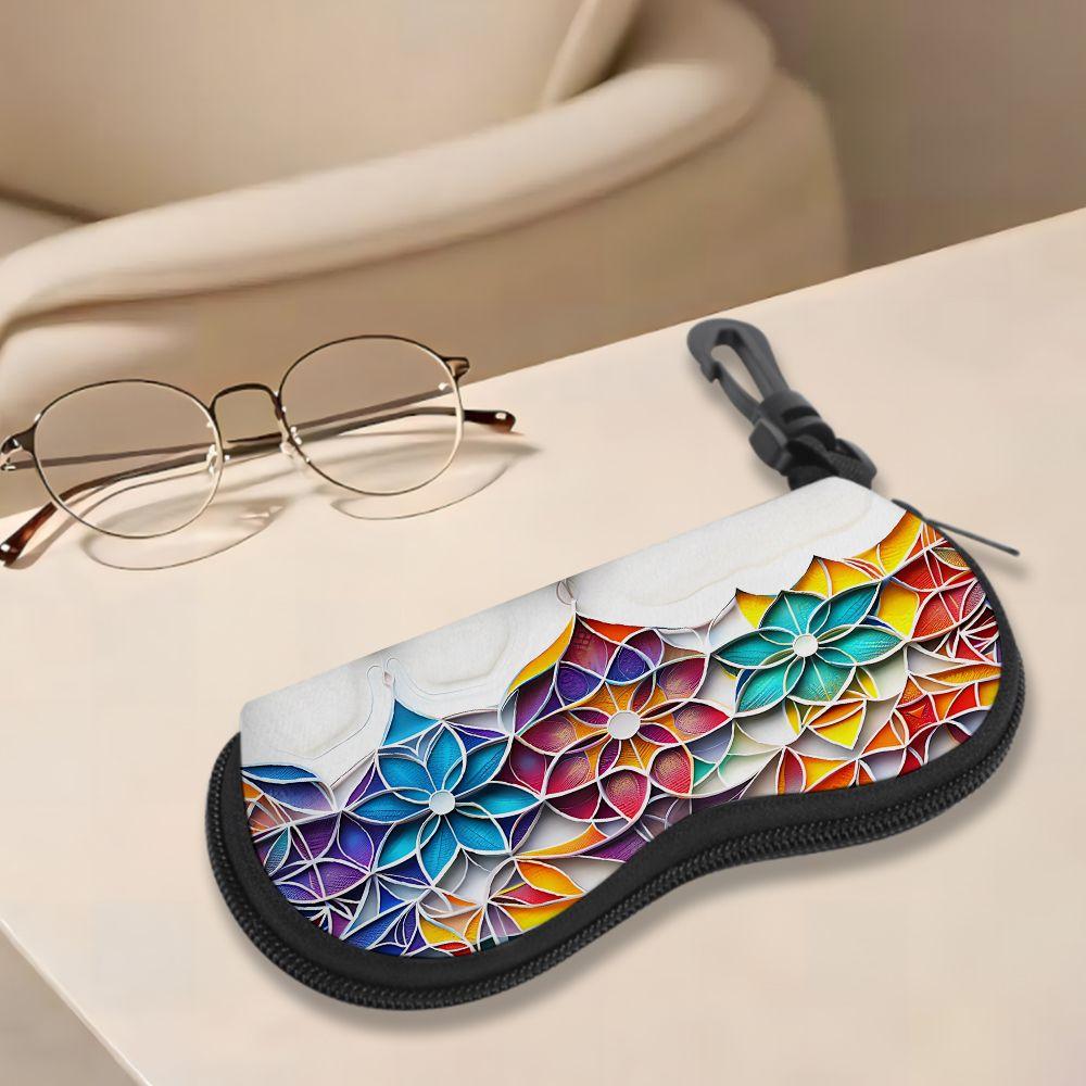 2D-Artistic Geometric Floral Print Sunglasses Case, Colorful Bohemian Pattern Eyeglasses Holder, Protective Zipper Eyewear Organizer for Travel
