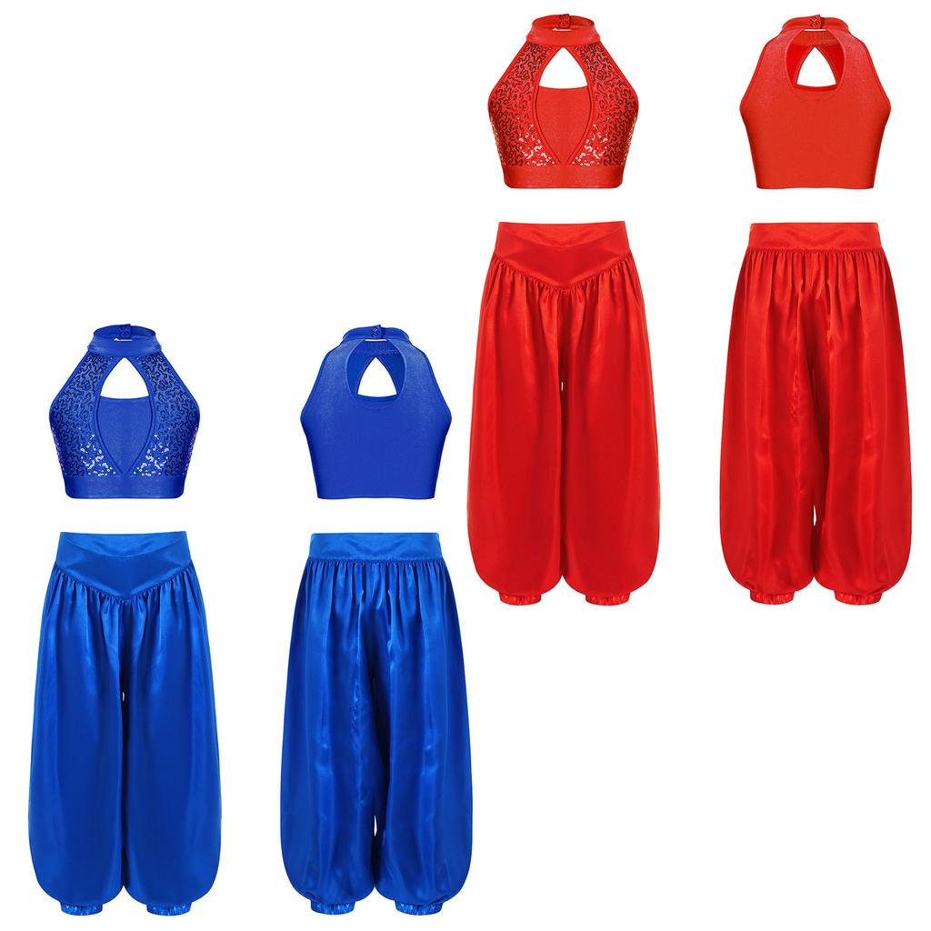 Dívčí outfit na břišní tance Sequin Crop Top Široké saténové kalhoty Bloomers Set