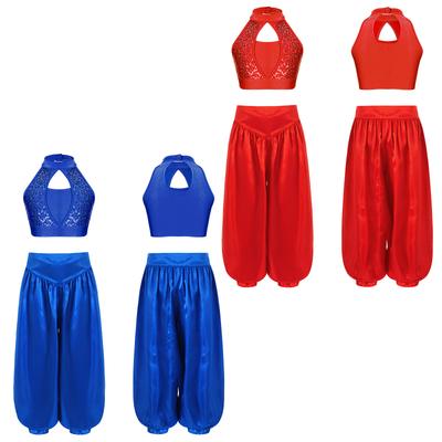 Mädchen Bauchtanz Top Ärmellos Stehkragen Schlüsselloch Rücken Pailletten Crop Top mit Satin Weitbeinigen Bloomers