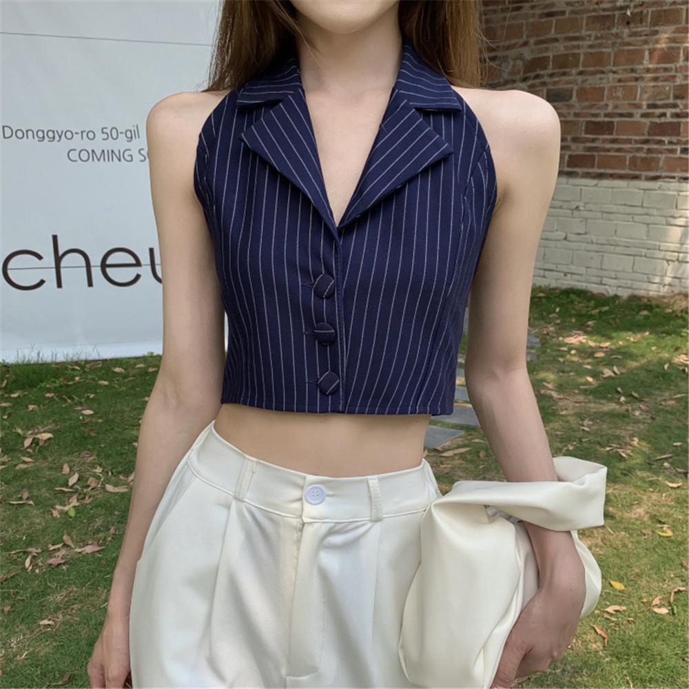 Multicolor Lapel Suit Style Women Crop Top Summer Sleeveless Halter Tank Stripes Print Button Single-Breasted Camisole 2023