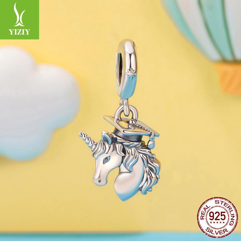 Graduation Season Unicorn Diy Pendant Accessories Creative Scholar Hat S925 Sterling Silver Beads