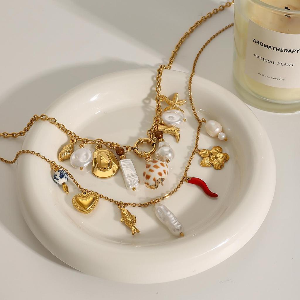Jieding Stainless Steel Pearl Heart Necklace - Elegant Drip Oil Clavicle Chain with Titanium Steel.
