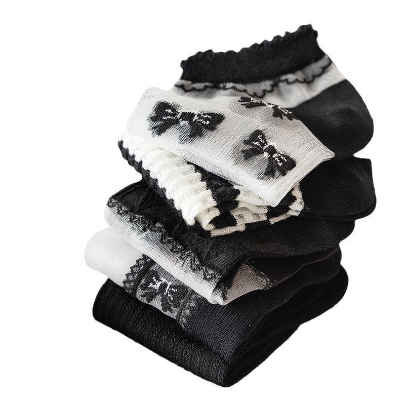 Women's Short Socks for Spring and Summer, Thin Lace Stockings, Sweat-absorbing, Trendy Black Short Boat Socks, Versatile