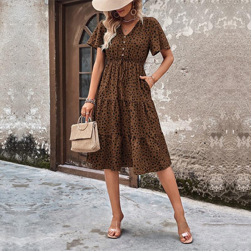 Summer casual vacation fashionable short-sleeved leopard print dress
