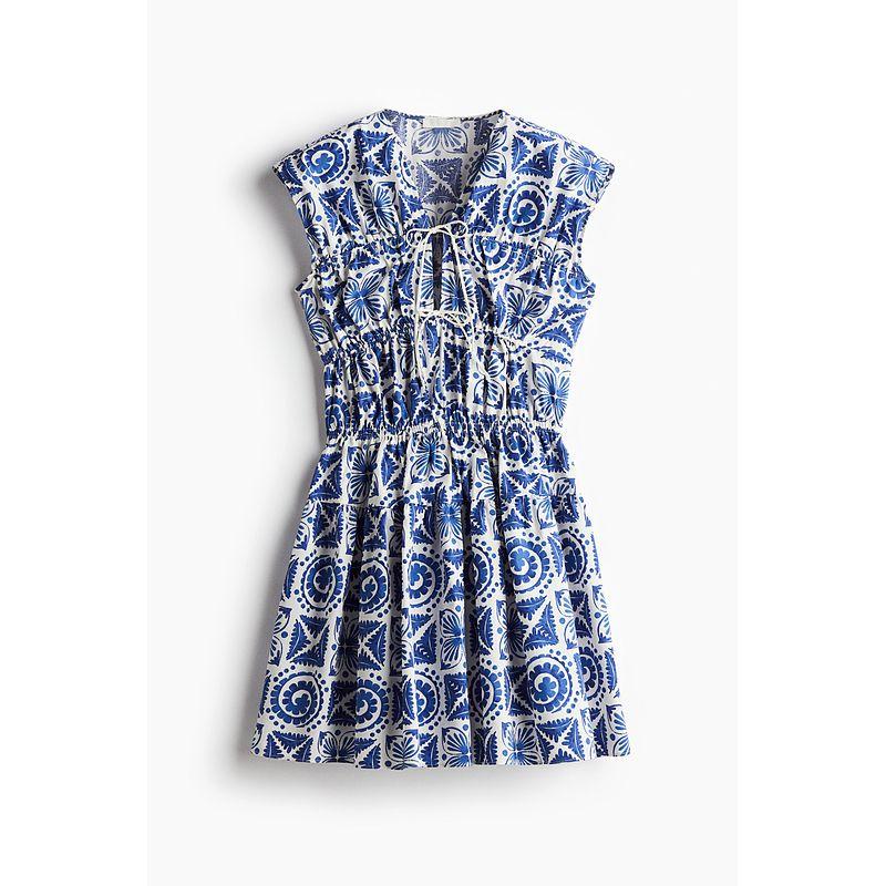 

HM Women s Clothing Dress 2025 Summer New Arrival Waist-Tight V-neck Drawstring Decorative Poplin Stylish Floral Skirt 1293958 White/Blue pattern 175/116