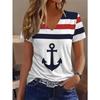 T-shirt Minimalista da Donna a Maniche Corte con Scollo a V, Motivo di Ancora Pulito e Design a Fascia a Righe - Leggera