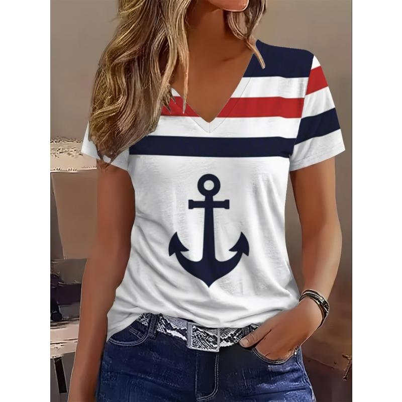 Minimalistisch Nautisch V-hals T-shirt met Korte Mouwen voor Dames met Strak Anker Motief En Gestreept Band Design - Lichtgewicht