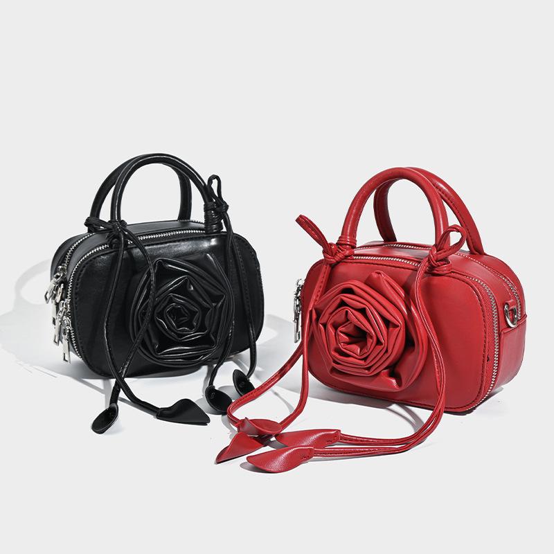 New Rose Flower Design Handbag Women High-end Versatile Floral Crossbody Bag Red And Black PU Zipper Style Single Shoulder Bag