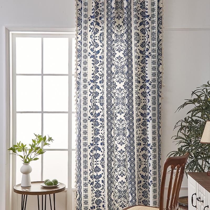 Vintage Blue and White Porcelain Cotton Linen Curtains Semi-Blackout Curtains Kitchen Rod-Through Printed Door Curtains