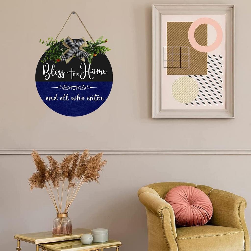 Front Door Blessed Wreaths Bless This Home and All Who Enter, Funny Welcome Wall Hanging Sign Plaque, for Front Door Entryway Porch House Decorations
