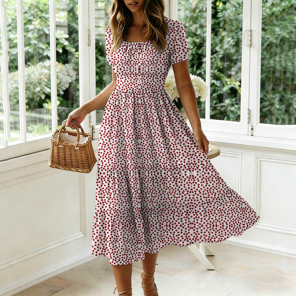 Spot New Trendy Floral Puff Sleeve Square Neck Long Dress
