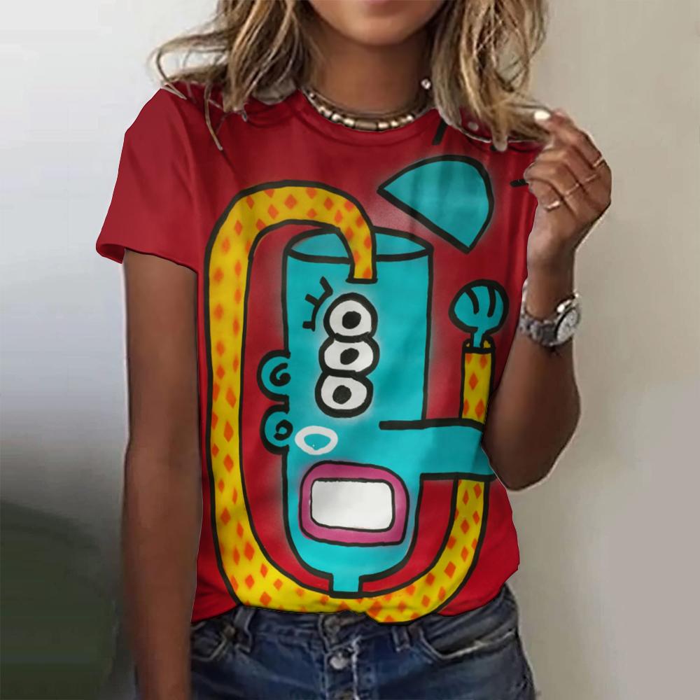 Letní dámské tričko Abstraktní kreslený potisk Tričko Harajuku Vintage Krátký rukáv Kulatý výstřih Top Nadměrné Dámský design Oblečení