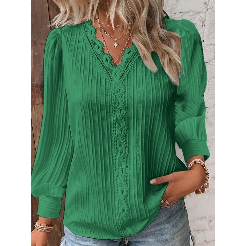 YYFS Women's Fashion Casual Spring Fall Solid Color Print Pullovers & Long Sleeves V-Neck Blouses & Shirts