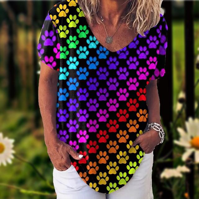 Tričko pro ženy Potisk Kočičí Dívčí Tričko Móda Léto Krátký rukáv Výstřih do V Ležérní Volný Top Oversized Dámská Streetwear Košile